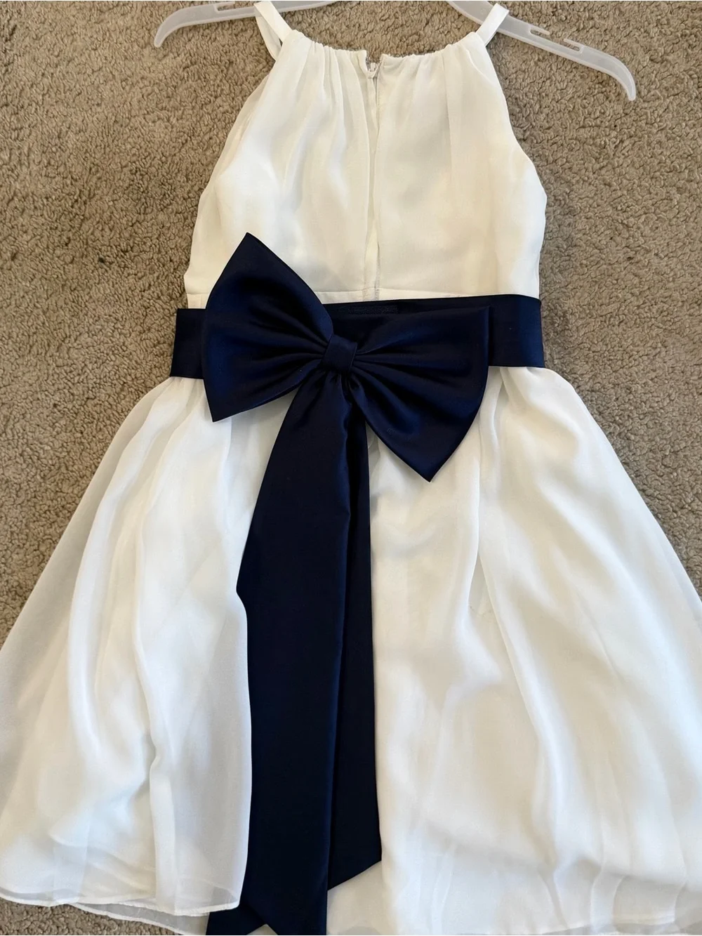 David's Bridal White Dress with Navy Waistband- Barely Worn! - Picture 2 of 3